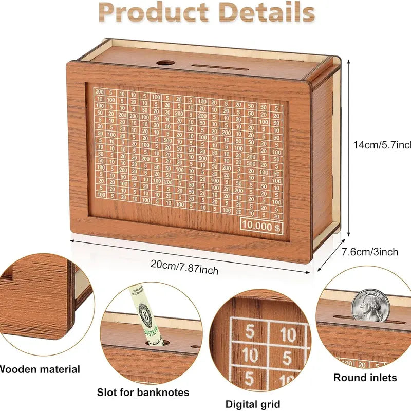 Wooden Cash Money Saving Box,Piggy Bank for Kids & Adults,10000 Savings Challenge Box,Coin Bank Toys Gift for 3-12 Year Old Boys & Girls (10000 Dollar)