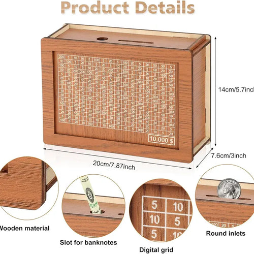 Wooden Cash Money Saving Box,Piggy Bank for Kids & Adults,10000 Savings Challenge Box,Coin Bank Toys Gift for 3-12 Year Old Boys & Girls (10000 Dollar)