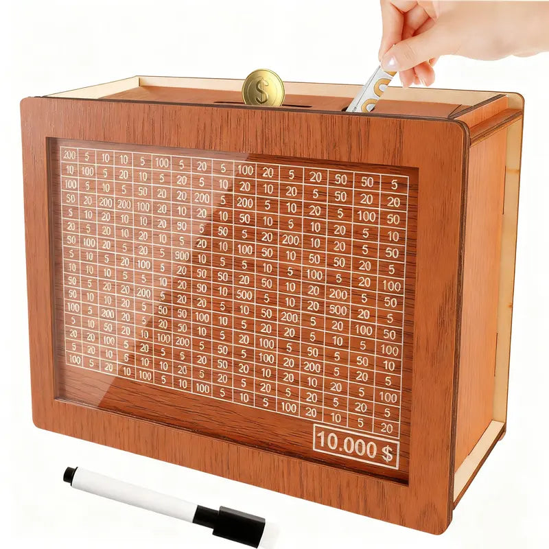 Wooden Cash Money Saving Box,Piggy Bank for Kids & Adults,10000 Savings Challenge Box,Coin Bank Toys Gift for 3-12 Year Old Boys & Girls (10000 Dollar)